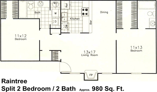 Split Two Bedroom / Two Bath - 980 Sq.Ft.*